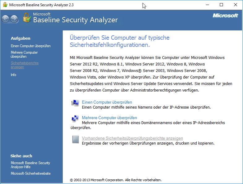 Alle Microsoft Produkte auf Sicherheitsupdates mit dem Baseline Security Analyzer überprüfen