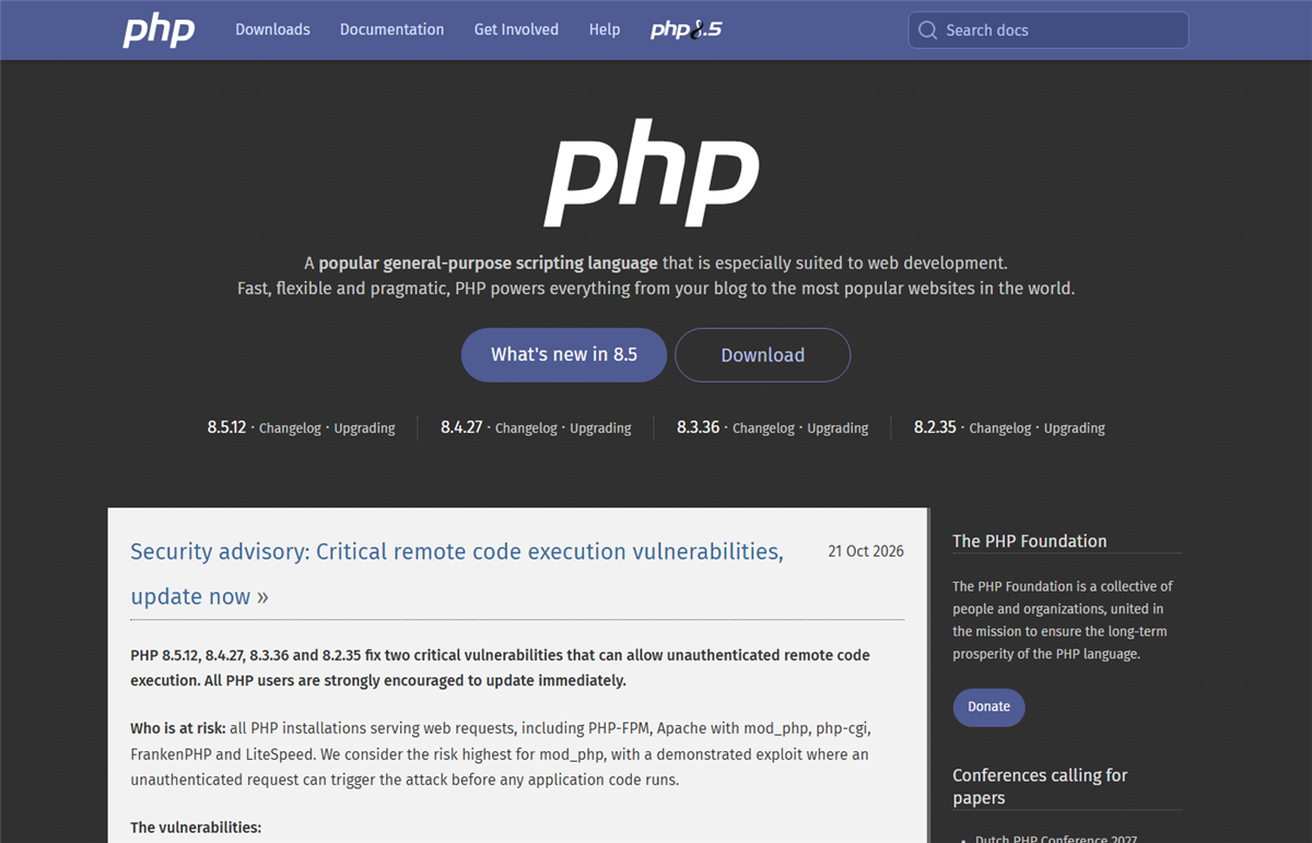 Startseite php.net mit dem Sicherheitshinweis Critical remote code execution vulnerabilities, update now und den Versionen 8.5.12, 8.4.27, 8.3.36 und 8.2.35