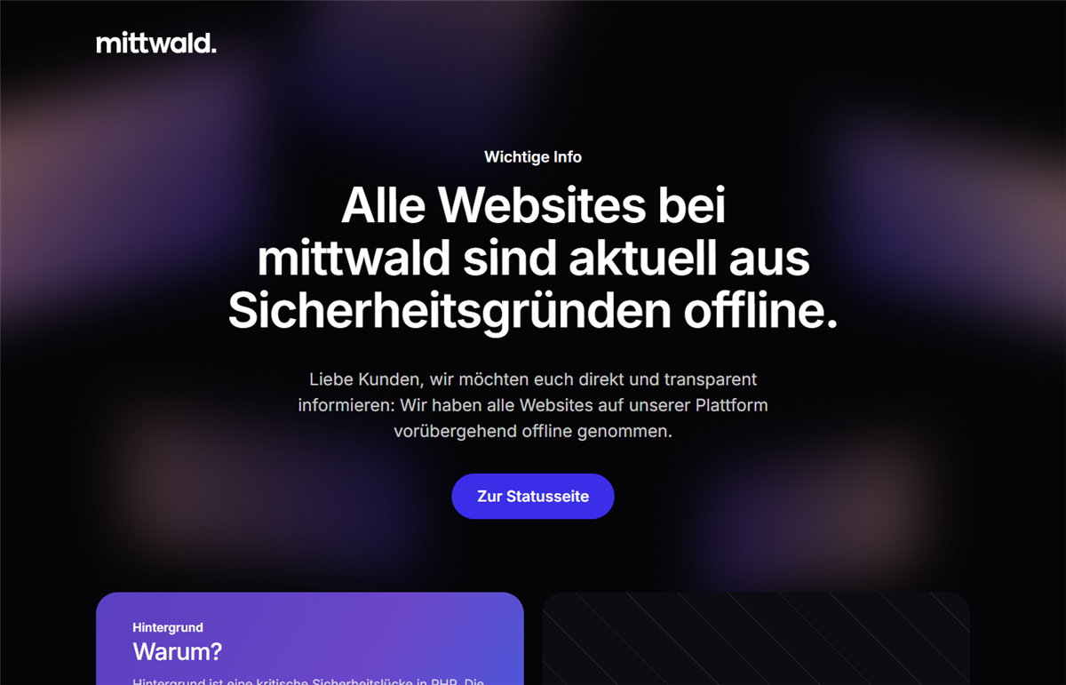 Hinweisseite von Mittwald: Alle Websites bei mittwald sind aktuell aus Sicherheitsgründen offline