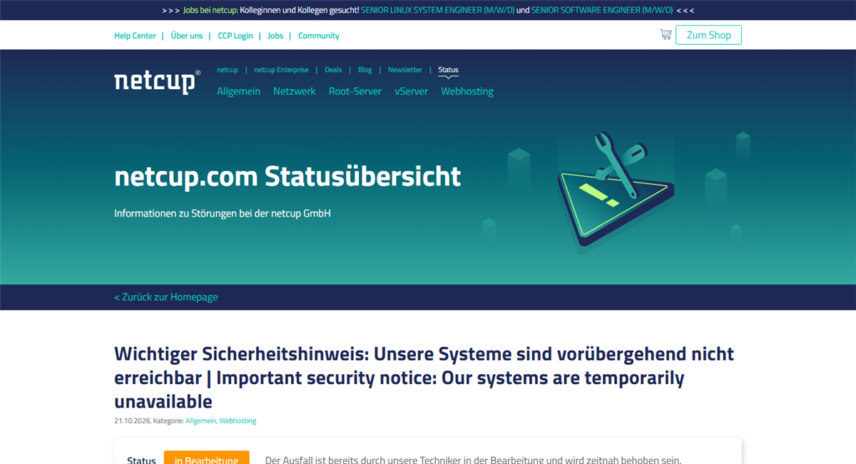 netcup-Statusübersicht mit dem Eintrag Wichtiger Sicherheitshinweis: Unsere Systeme sind vorübergehend nicht erreichbar