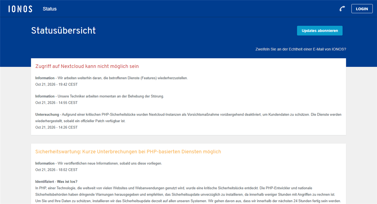 IONOS-Statusseite mit den Einträgen zu deaktivierten Nextcloud-Instanzen und der Sicherheitswartung für PHP-basierte Dienste