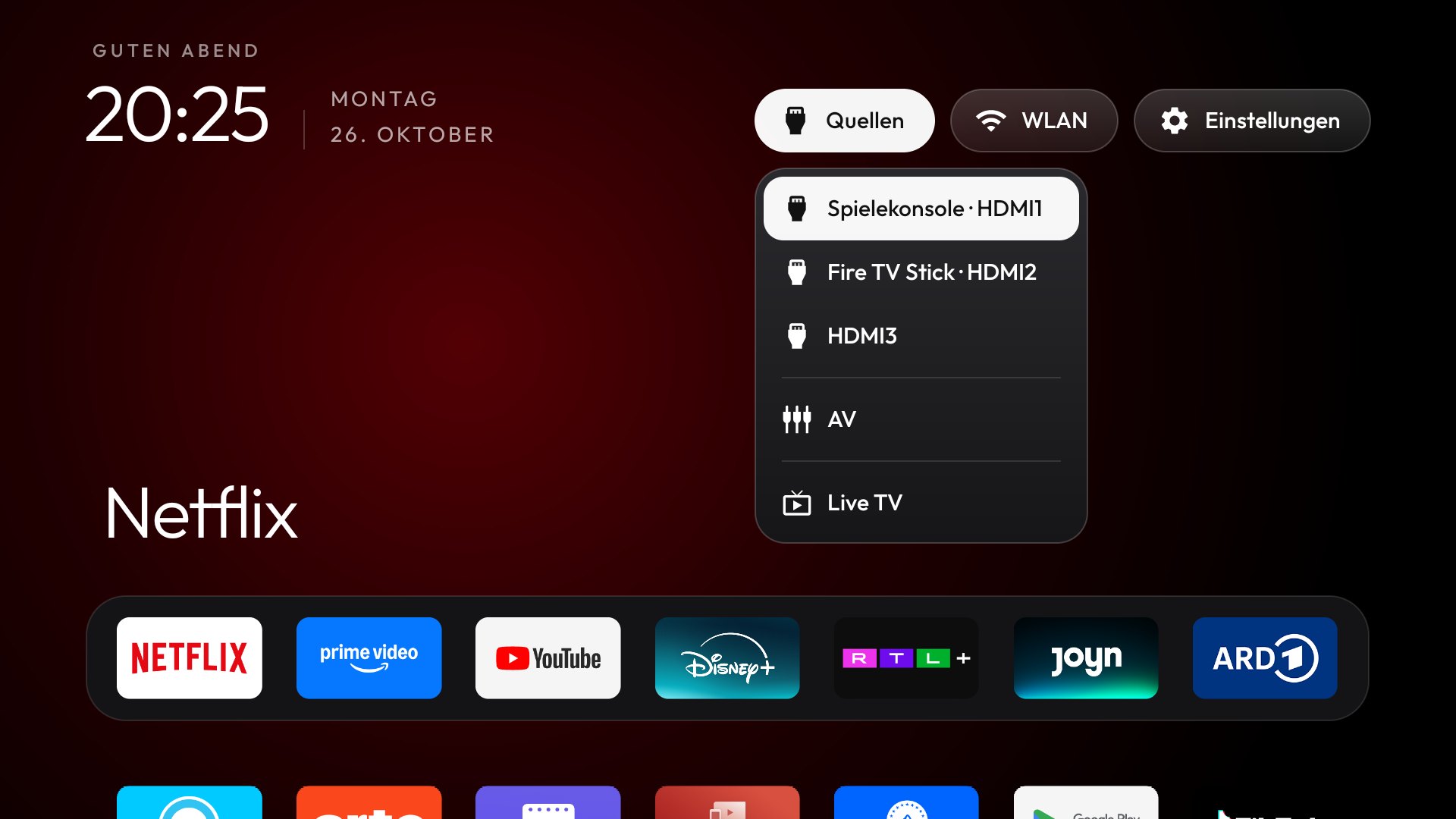 Geöffnetes Menü Quellen im neuen Launcher mit Spielekonsole an HDMI1, Fire TV Stick an HDMI2, HDMI3, AV und Live TV