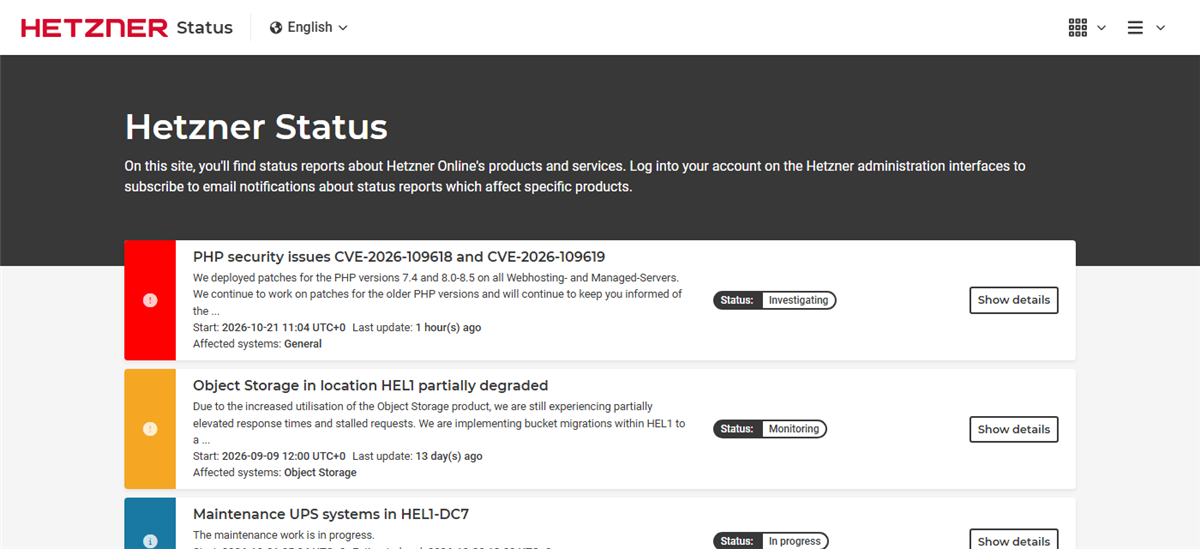 Hetzner-Statusseite: PHP security issues CVE-2026-109618 and CVE-2026-109619, Patches auf allen Webhosting- und Managed-Servern eingespielt