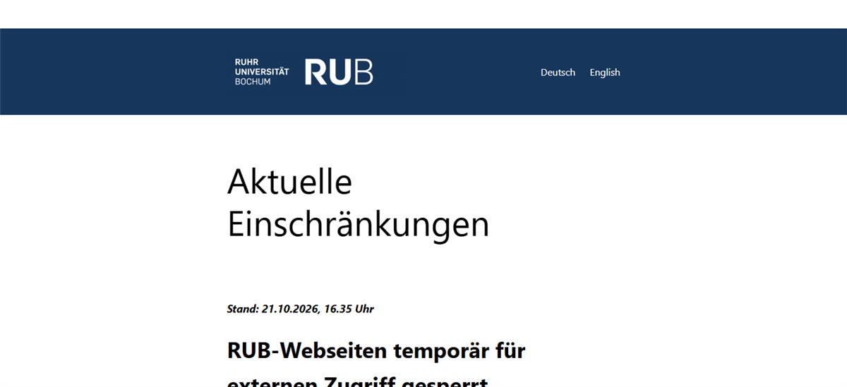 Hinweisseite der Ruhr-Universität Bochum: RUB-Webseiten temporär für externen Zugriff gesperrt, Stand 21.10.2026 16:35 Uhr