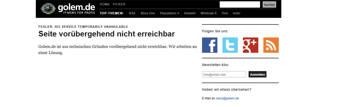 Fehlerseite von golem.de: 503 Service Temporarily Unavailable, Seite vorübergehend nicht erreichbar