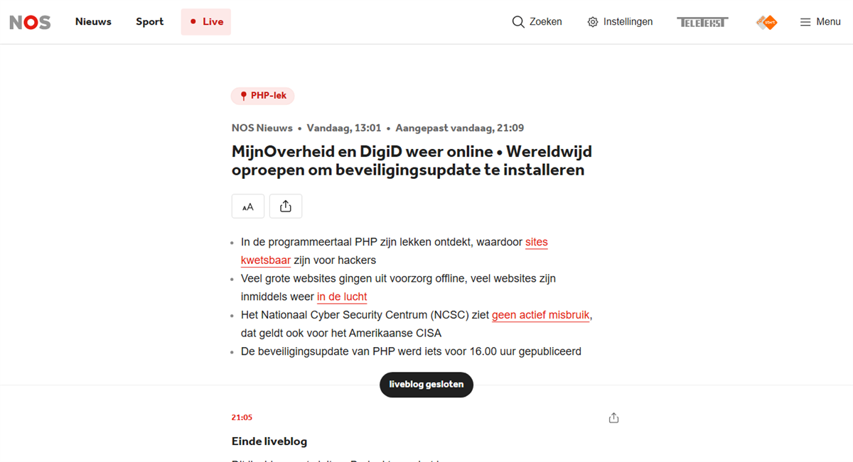 NOS-Liveblog: MijnOverheid en DigiD weer online, weltweiter Aufruf, das Sicherheitsupdate zu installieren