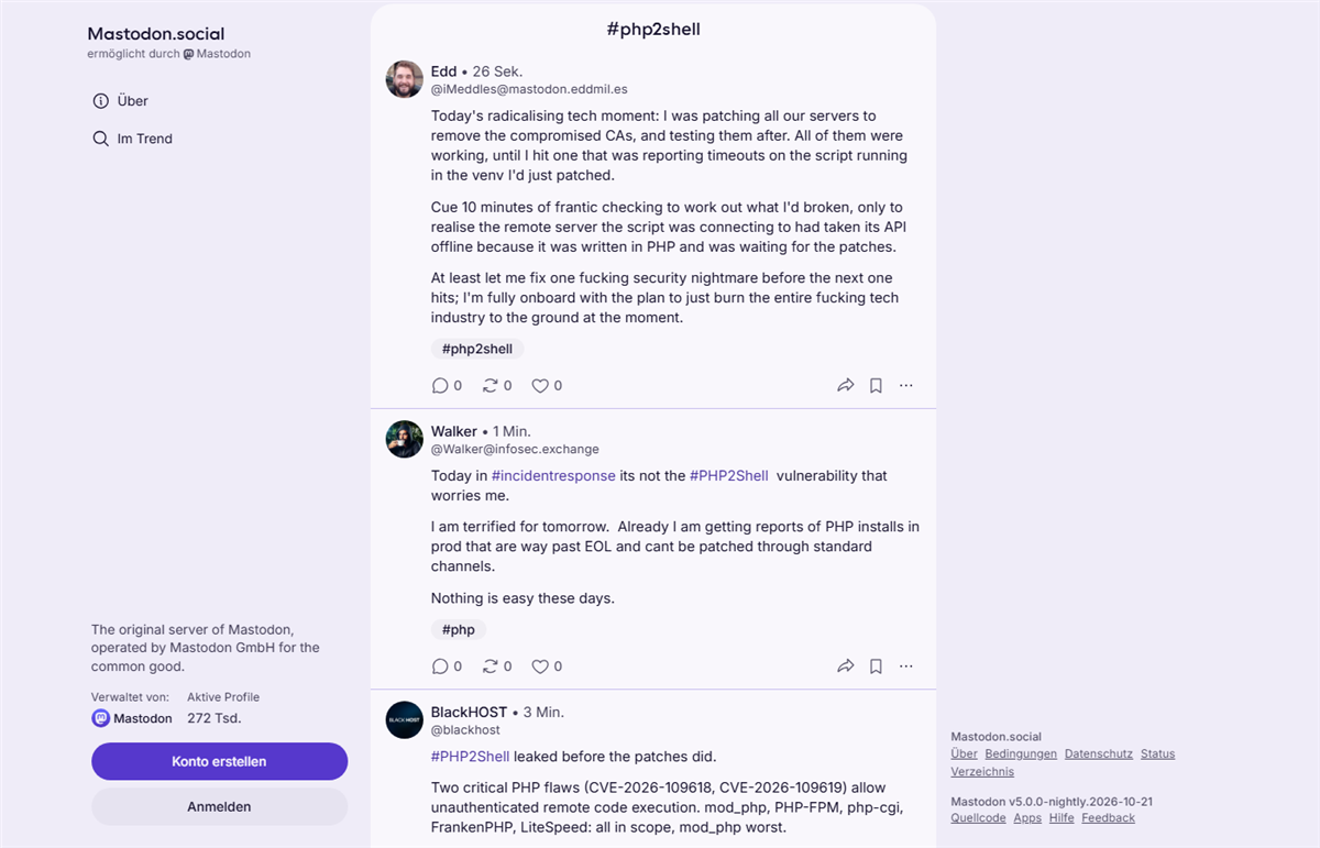 Mastodon-Zeitleiste zum Hashtag php2shell mit Beiträgen vom Abend des 21. Oktober 2026