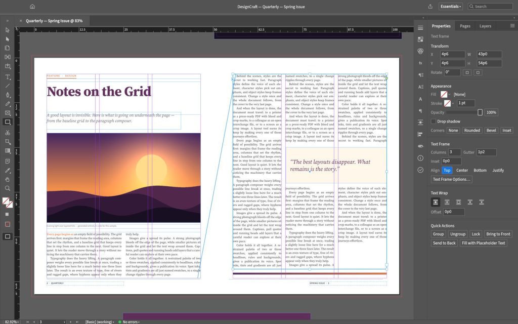 DesignCraft mit einer zweiseitigen Magazin-Doppelseite, Textrahmen in drei Spalten und Eigenschaften-Panel