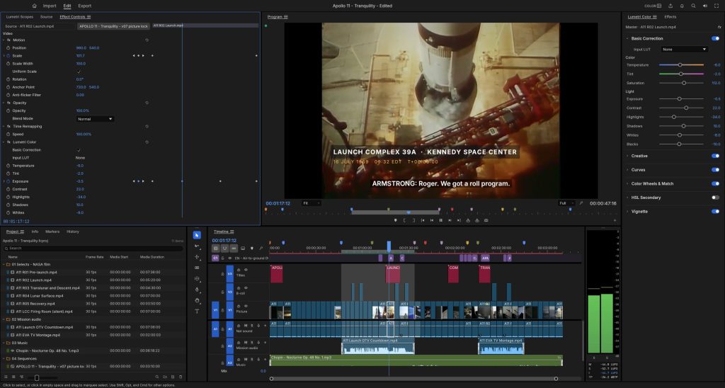 FilmCraft mit Effekteinstellungen, Programmmonitor mit Apollo-11-Startaufnahmen, Farbkorrektur und Timeline