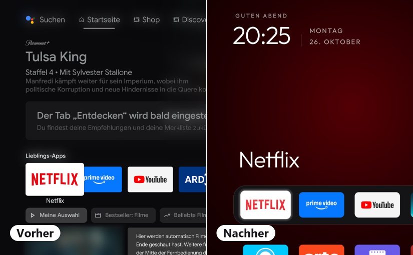 Links der Android-TV-Startbildschirm mit Werbung für eine Serie, rechts der neue schlichte Launcher mit Uhr und App-Dock
