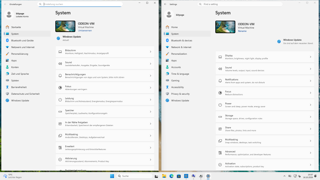 Links die Windows-11-Einstellungen auf Deutsch, rechts Project Odeon auf Englisch, beide auf der Seite System