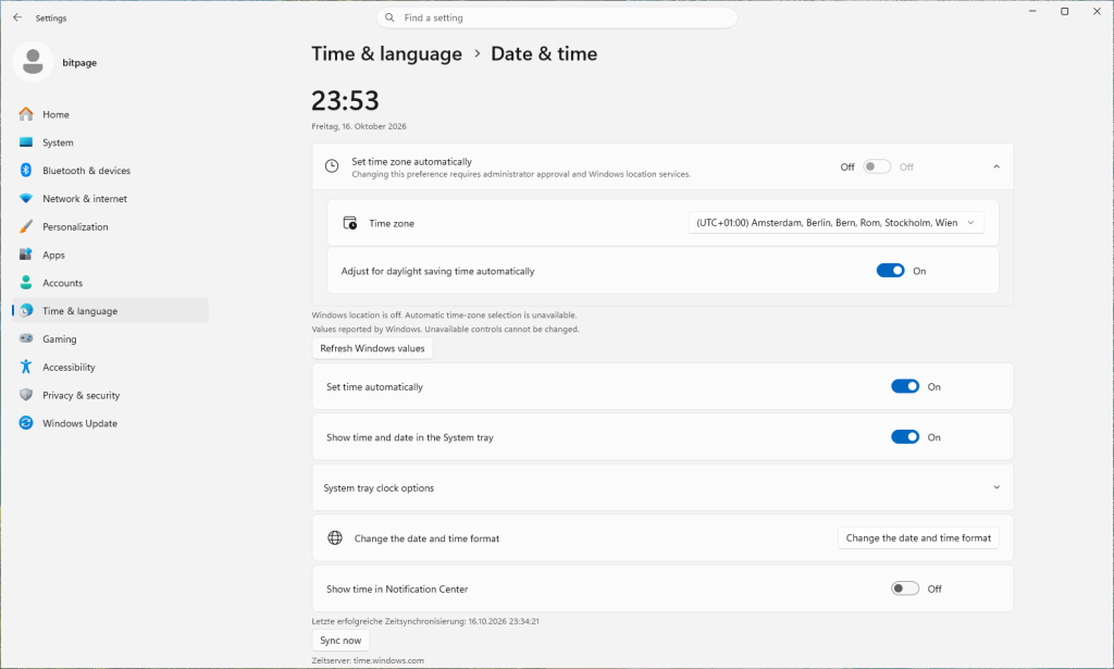 Seite Datum und Uhrzeit in Project Odeon mit englischer Oberfläche und deutschen Systemtexten
