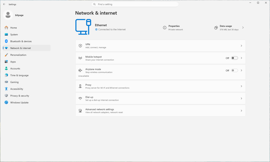 Seite Netzwerk und Internet in Project Odeon mit VPN, Mobiler Hotspot, Proxy und Dial-up