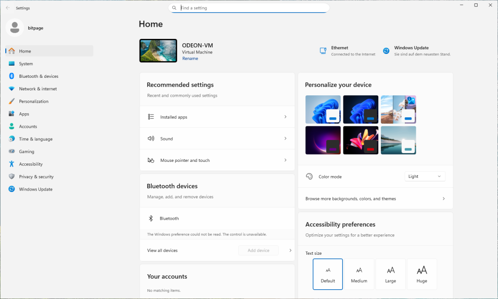 Startseite von Project Odeon 3.0.1.0 mit Gerätename ODEON-VM, empfohlenen Einstellungen und einer Bluetooth-Fehlermeldung