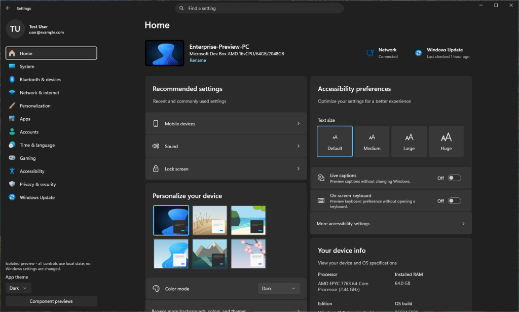 Project Odeon im versteckten Vorschaumodus mit Test User und Enterprise-Preview-PC auf Microsoft Dev Box