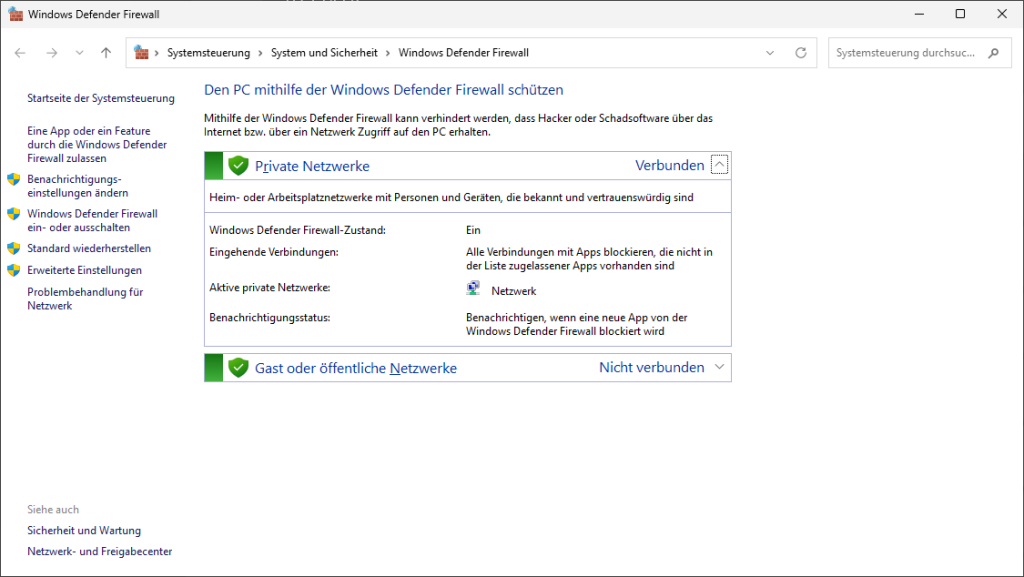 Windows Defender Firewall in der klassischen Systemsteuerung von Windows 11 26H2 mit dem Link Erweiterte Einstellungen